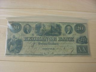 The Exchange Bank Of Virginia At Norfolk - $20.  00 Note - 1857