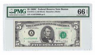 1969c $5 Boston Frn,  Pmg Gem Uncirculated 66 Epq Banknote