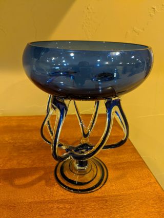 Large Cobalt Blue Jozefina Krosno Art Glass Jellyfish Octopus Compote Bowl