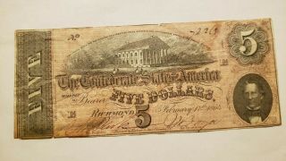 1864 Us $5 Five Dollars - The Confederate States Of America Note/bill - 72263 E