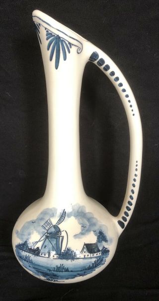 Vintage Hand Painted Delft Holland Pitcher Blue White Windmill 8” T