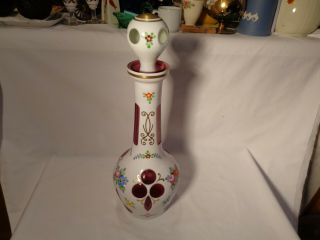 Moser Czech Cased Cranberry Cut To Opal Pink Roses Floral Gold 15 1/4 " Decanter