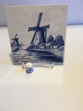 Delft Blue Hand Painted Holland Windmill Tile And Thimble.