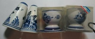 2 Vintage Delft Blue Egg Cups With Salt And Pepper Shaker