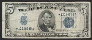 Circulated 1934 - C $5 Silver Certificate Star Note - - Fr.  1653,  Ungraded,  Vg/fine