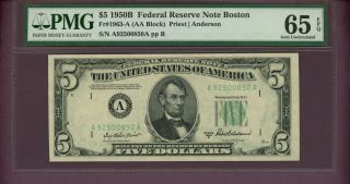 Fr.  1963 - A $5 Five Dollar 1950b Pmg 65 Epq Federal Reserve Note Boston