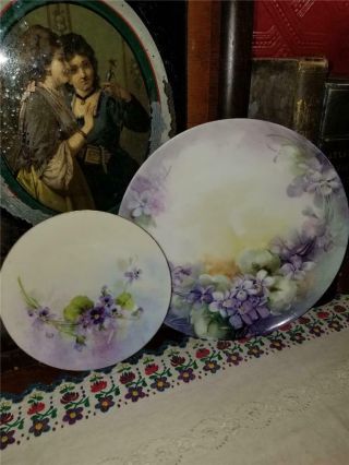 2 Vtg Hand Painted Plates Purple Violet Flowers Haviland Bavaria Shabby Cottage