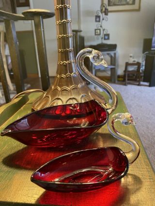 Pair Swan Candy Dish Trinket Bowl Ruby Red And Clear Glass Hand Blown Vintage