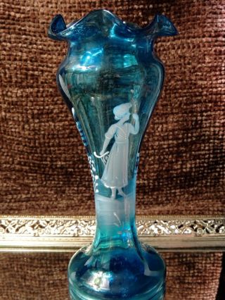 Vintage Blue Bohemian Blown Glass Mary Gregory Hand Painted Vase