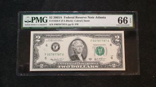 2003 A Two Dollar Pmg Gem Unc 66 Epq Repeater Serial Atlanta Note $2 Bill