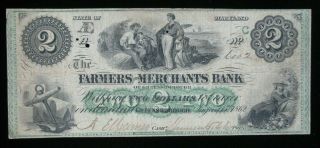 1862 Civil War $2 Farmers And Merchants Bank Of Greensborough Maryland Obsolete