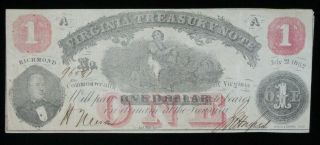 1862 Civil War $1 Virginia Treasury Note Richmond Obsolete Note