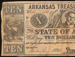 1862 $10 Dollar Arkansas Treasury Warrant Note Civil War Old Paper Money