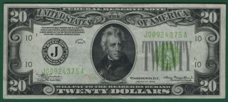 1934 $20 Federal Reserve Note Kansas City Fr.  2054 - Jlgs Choice Very Fine Vf,  (375a