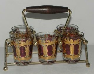 Set Of 5 Culver Cranberry Scroll Shot Glasses With Caddy