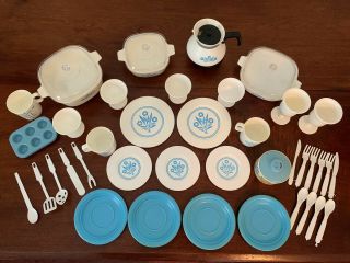 Vintage Corning Ware Plastic Play Toy Dishes Blue Cornflower Corelle 44 Piece