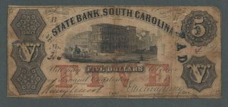 1855 Us $5 Five Dollars The State Bank Of South Carolina Obsolete Note - S149