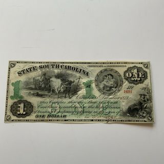 1873 South Carolina $1 Obsolete Currency State Of South Carolina Columbia