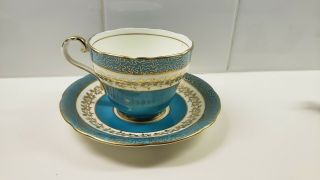 Aynsley England Turquoise Blue And Gold Leaf Tea Cup & Saucer Set