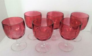 6 Bartlett Collins Cranberry Water Wine Thumbprint Glasses With Heavy Clear Stem