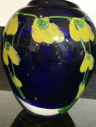 Studio Art Glass Hand Blown Vase Cobalt Blue & Yellow Vining Flowers,  Mb172