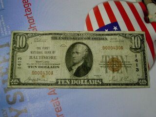 $10.  First National Bank Of Baltimore Maryland National Currency Note