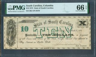 1872 State Of South Carolina $10,  Pmg Gem Unc.  66 Epq