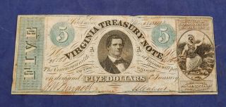 1862 $5 Virginia Treasury Note Richmond Obsolete Currency Civil War Era