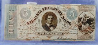 1862 $5 Virginia Treasury Note Richmond Obsolete Currency Civil War Era 3