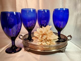 Vintage Libbey Cobalt Blue Water / Wine / Tea Goblet Glasses (set Of 4)
