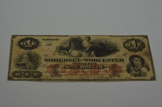 1862 Maryland $1 Somerset & Worcester Savings Bank Vf,
