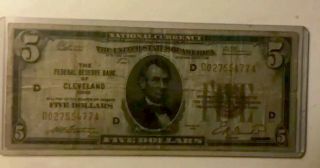 1929 $5 The Federal Reserve Bank Of Cleveland Ohio D Series