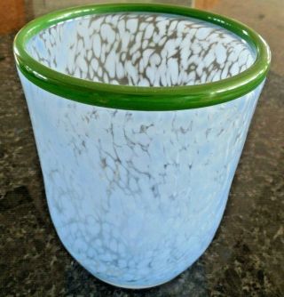 Unique Vintage Art Glass Hand Blown Glass Vase Blue & White W/ Green Rim