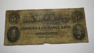$5 1852 Charleston South Carolina Obsolete Currency Bank Note Bill Farmers Bank