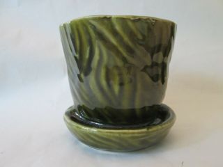 Flower Pot Planter Vintage Brush Mccoy Art Pottery Gloss Green Bark Pattern Exc