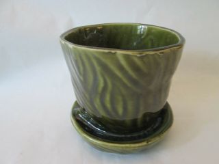 FLOWER POT PLANTER Vintage BRUSH McCOY ART pottery gloss GREEN BARK pattern EXC 2