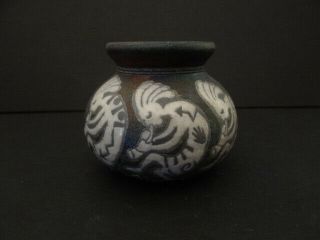 Vintage Raku “kokopelli” Pottery Vase,  Artist Signed By Jeremy Diller