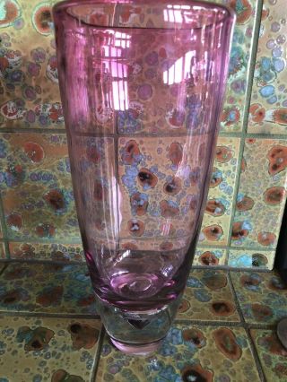 13” Heavy Hand Blown Art Glass Vase Pink To Clear