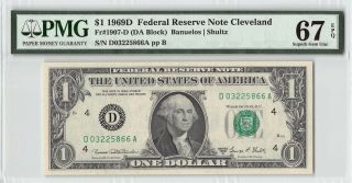 United States 1969d Fr.  1907 - D Pmg Gem Unc 67 Epq 1 Dollar Frn Cleveland