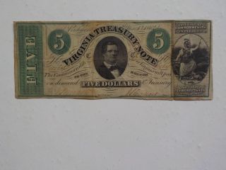 Civil War Confederate 1862 5 Dollar Bill Virginia Treasury Richmond Paper Money