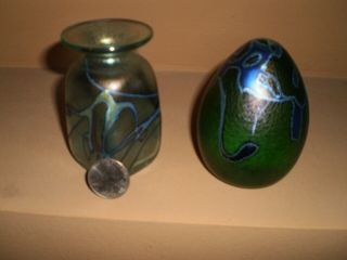 Vintage Signed Robert Held Rhag Iridescent Carnival - Style Art Glass Vase Set