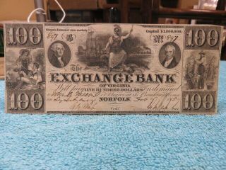 Obsolete Bank Note $100 Norfolk Virginia Exchange Bank 1853