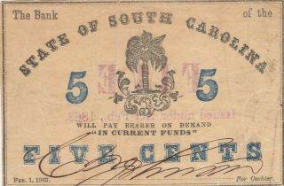 1863 South Carolina 5 Five Cents Confederate Currency Banknote Papermoney