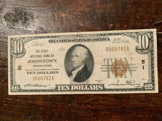 10 Dollars 1929 The First National Bank Of Johnstown Pennsylvania Vf
