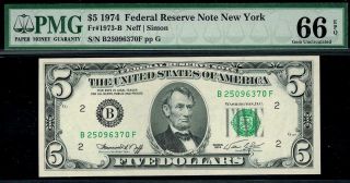 1974 $5 York Federal Reserve Note Frn • 1973 - B • Pmg 66 Epq