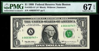 1999 $1 Boston Federal Reserve Star Note Frn • Pmg 67 Epq 1924 - A Top Pop 4/0