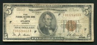Fr.  1850 - A 1929 $5 Frbn Federal Reserve Bank Note Atlanta,  Ga