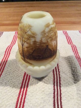 Vintage Fenton Hand Painted / Signed Fairy Lamp Cabin In The Woods