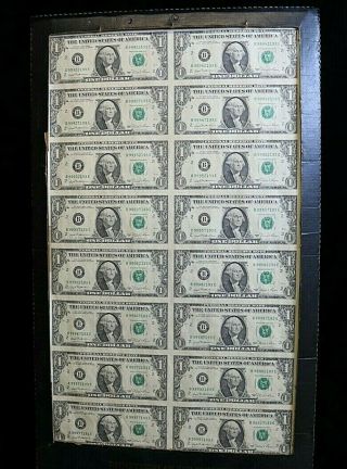Uncut Sheet Of 16 1981 $1 Dollar (b) U.  S.  Federal Reserve Note Bills In Display