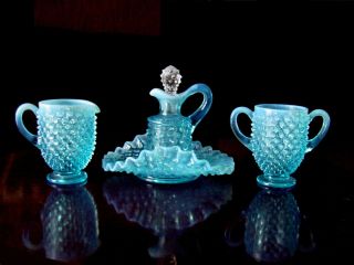 Vintage Fenton Blue Opalescent Hobnail Glass Sugar Bowl Creamer Cruet Nappy Dish